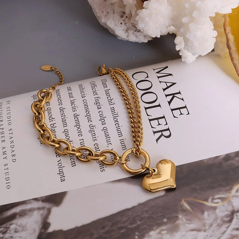 Statement Heart Pendant Bracelet Stainless Steel Gold color Jewelry Fashion Metal Texture Bracelet Accessories 2023