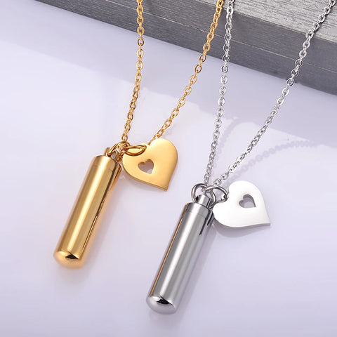 Heart Charm & Cylinder Memorial Urn Necklace Stainless Steel Cremation Jewelry Waterproof Nickel-Free Hypoallergenic Jewelry