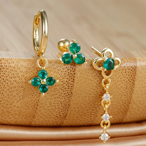 3PCS New Green Zircon Flower Hoop Earrings Set for Women Luxury Stainless Steel Piercing Earring Female Fashion Jewelry Gift BFF