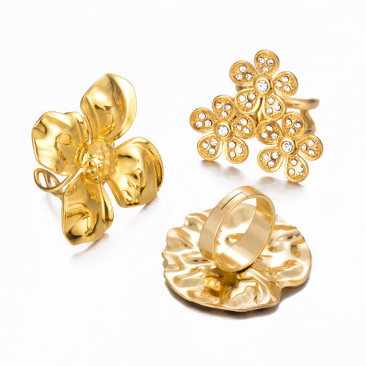 Waterproof 18K Gold Color Stainless Steel Flower Big Open Ring for Women Trendy Fashion Party Daily Wear Statement Jewelry