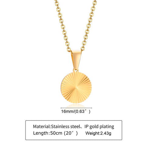 Men Pendant Necklace,Gold Plated Embossing Radiation Round Disc Pendant,Stainless Steel Sunburst Charm Necklace