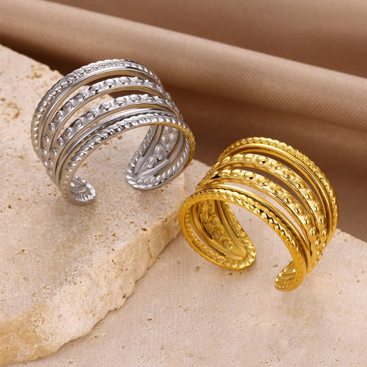 Stainless Steel Gold Color Rings for Women men Waterproof Exaggerate Multi Layer Hollow Wide Surface Open Rings Bague Jewelry