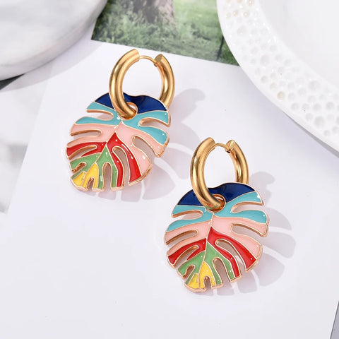 Colorful Enamel Leaf Earrings for Women Fashion Exquisite Stainless Steel Round Hoop Earrings Female Party Wedding Jewelry