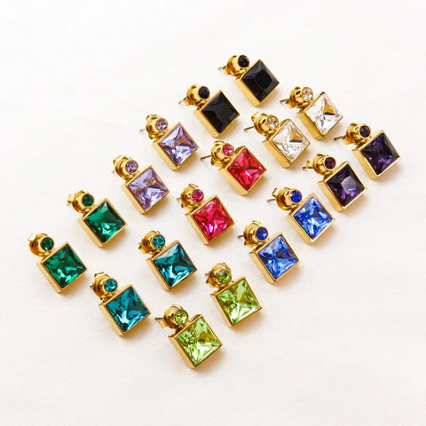 CARLIDANA Tiny Simple Square Zircon Earrings Stainless Steel 14k Gold Plated Earrings Colorful Crystal Stud Earrings for Women