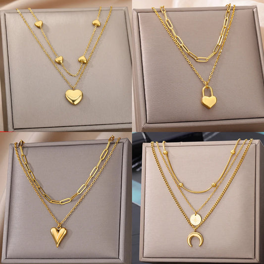 Multilayer Heart Necklaces For Women Stainless Steel Gold Color Evil Eye Pendant Chain Choker Necklace Wedding Jewerly Gift