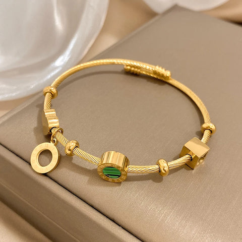 DODOHAO Stainless Steel Luxury Famous Brand Roman Numeral Bangle Bracelet Charm Golden Green Stone Cable Wire Cuff  Bracelets