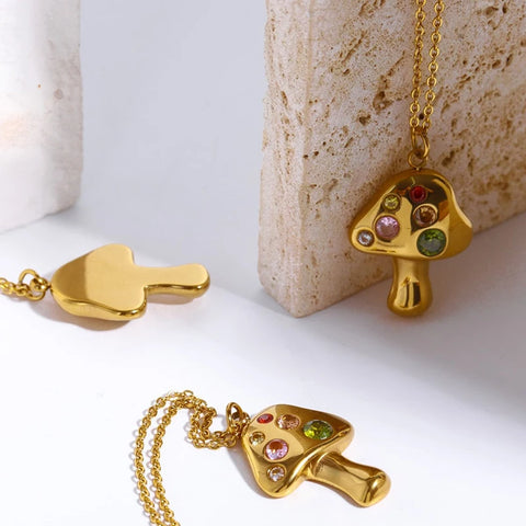 New Trendy 18K Gold Plated Stainless Steel Colorful Glass Stone Mushroom Pendant Necklace for Women Stylish Cute Charm Collar