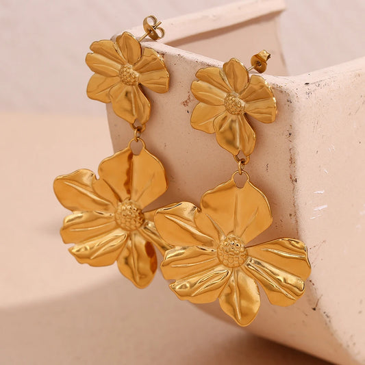 E.B.belle Two Flower Stitching Drop Earrings Waterproof Tarnish Free 316L Stainless Steel Decoration 18K Gold Plated Jewelry