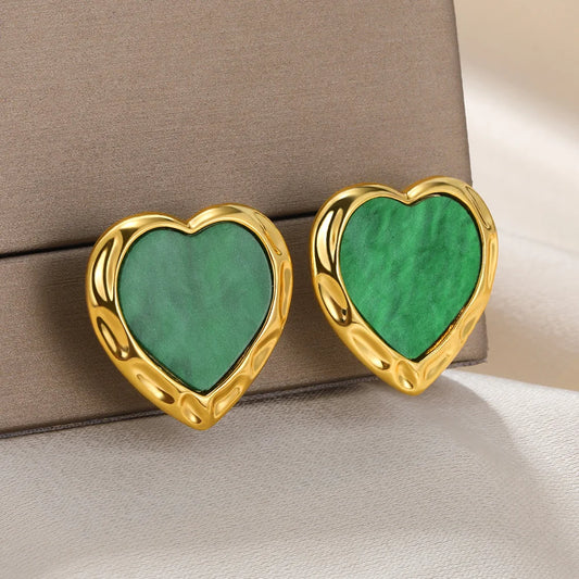 Gold Color Stainless Steel Earrings For Women Aesthetic Hypoallergenic Earring Vintage Green Heart Jewelry Anniversary Gift New