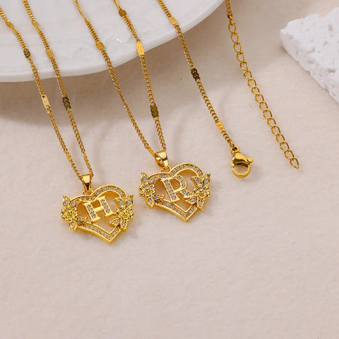 Zircon Flower Initials Necklaces For Women Stainless Steel Heart Gold Color Letter Chain Collar Jewelry free shippping items