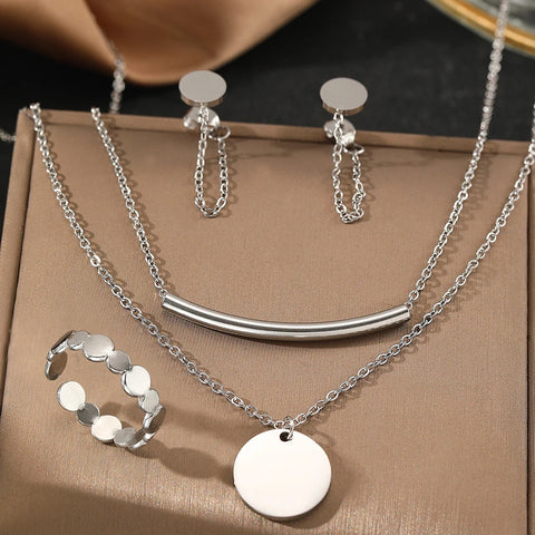 Stainless Steel Jewelry Set Round Ring Tassel Earrings Double Layers Necklace Simple Jewelry Set For Women Jewelry Festival Gift