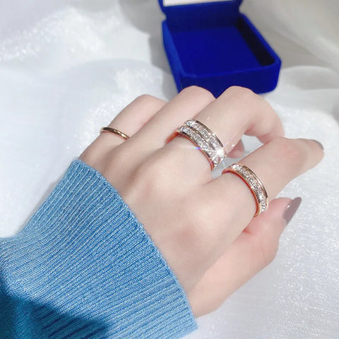 1 and 2 Rows Stones Ring for Women Quality Silver Rose Gold Color Stainless Steel Wedding Ring