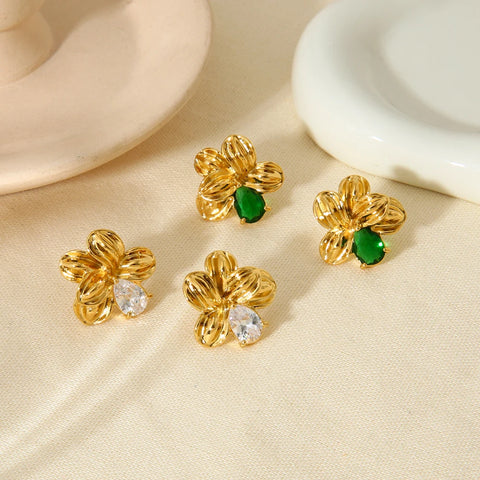 Waterproof Dainty Gold Color Stainless Steel Cubic Zirconia Stone Flower Stud Earrings for Women Texture Statement Earring Gift