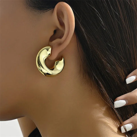 New Retro Stainless Steel Chunky C Shape Hoop Earrings Glossy Gold Plated Pvd Circle Round Tube Huggie Hoops Stacked Ear Jewelry