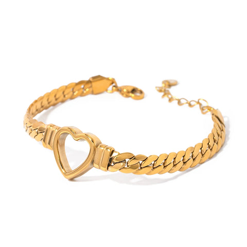 14k Gold Plated Stylish Hollow Love Heart Flat Snake Chain Bracelet Stainless Steel Women Anti Distinctive Jewelry