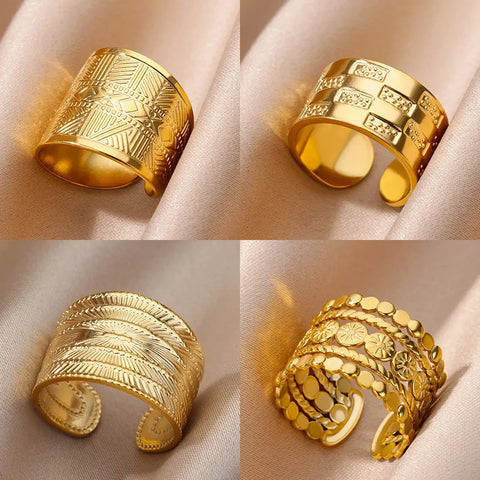 Geometric Open Wide Stainless Steel Rings For Women Minimalist Gold Color Opeing Adjustable Wedding Ring Female Jewelery anillos