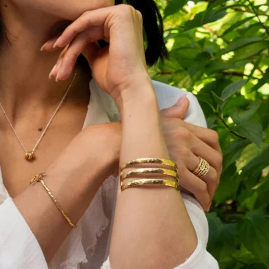 Uworld Stainless Steel Statement Gold Color Cuff Bracelet Bangle Metal Texture Multi-Layer Temperament Waterproof Jewelry