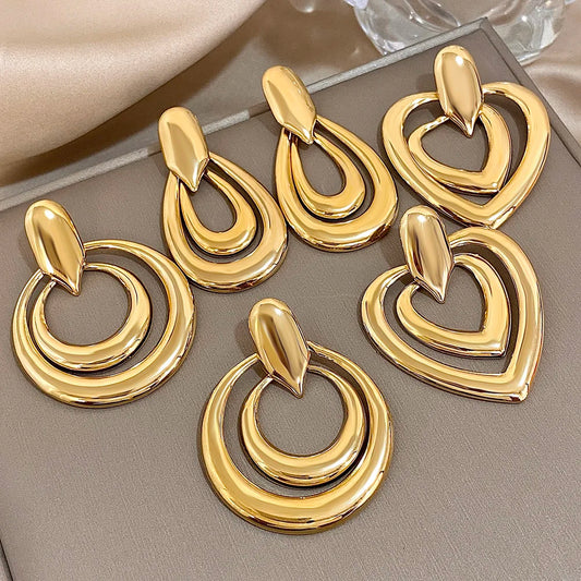 Exaggerated Gold Plated Stainless Steel Drop Earrings for Women Geometric Doubelayer Circle Love Waterdrop Earring Charm Jewelry