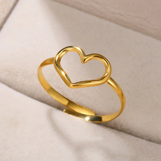 Stainless Steel Hollow Heart Open Rings For Women Aesthetic Gold Color Wedding Engagement Ring Waterproof Jewelry Free Shipping