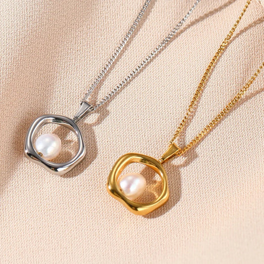 WILD & FREE Trendy Gold Color Stainless Steel Chains Irregular Hollow Pearl Pendants Necklace For Women Korean Fashion Jewelry