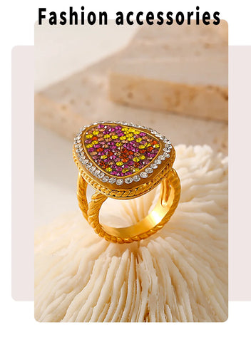 Colorful Rhinestones Beautiful Rings for Women Gold Plated Waterproof Stainless Steel Ring Exaggerate Finger Jewelry Gift