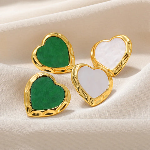 Gold Color Stainless Steel Earrings For Women Aesthetic Hypoallergenic Earring Vintage Green Heart Jewelry Anniversary Gift New