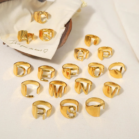 WILD & FREE Creative Letters Stainless Steel Rings for Women English Alphabet Initials Trendy Waterproof Jewelry Gifts
