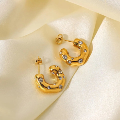 Trendy Gold Color Crystal Stainless Steel Round Earrings For Women Imitation Pearl Metal Earring Party Everyday Jewelry