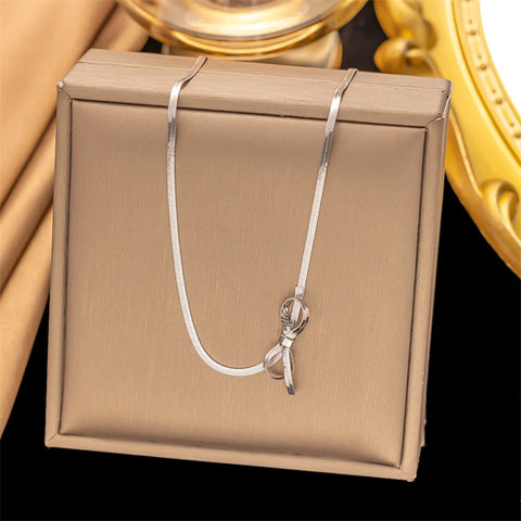 Minimalist Knot Bow Choker Necklace for Women 316L Stainless Steel Tiny Snake Chain Sexy Clavicle Choker Wedding Jewelry Gift