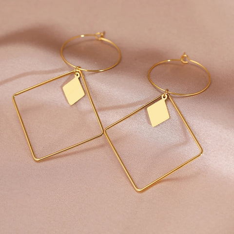 Stainless Steel Earrings Vintage Geometric Large Square Fashion Pendant Earrings For Women Jewelry Temperament Girl Gift