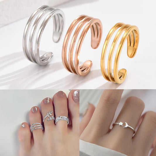 3Pcs Stainless Steel Simple Foot Ring Adjustable Opening Toe Ring for Women Girl Man Summer Beach Vacation Jewelry Finger Ring