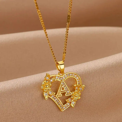 Zircon Flower Initials Necklaces For Women Stainless Steel Heart Gold Color Letter Chain Collar Jewelry free shippping items