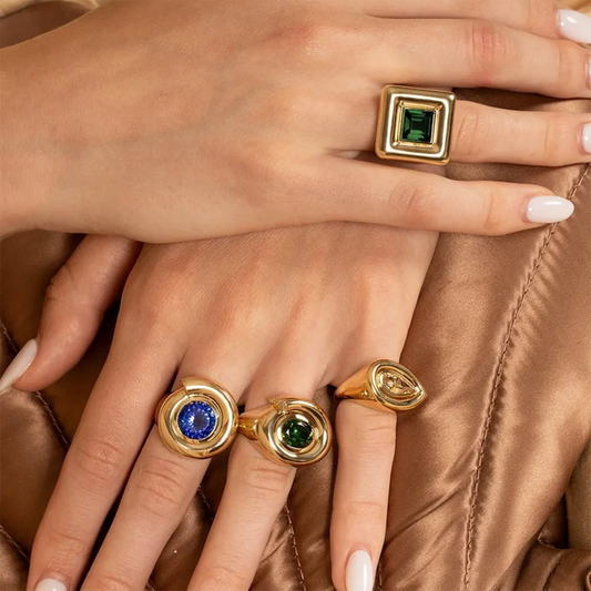 Uworld Colorful Cubic Zirconia Stainless Steel Square Waterproof Ring High Quality Charm Texture Stylish Golden Jewelry Women