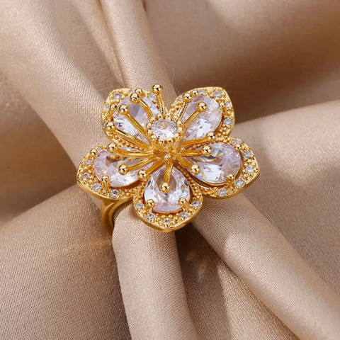 Delicate Pink Zircon Flower Rings for Women Gold Color Stainless Steel Ring 2024 Trend Elegant Luxury Aesthetic Jewelry anillos