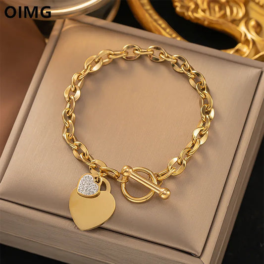 OIMG 316L Stainless Steel Gold Plated Waterproof Geometric Heart Pendant Bracelet & Bangle For Women Girl Not Fade Wholesale