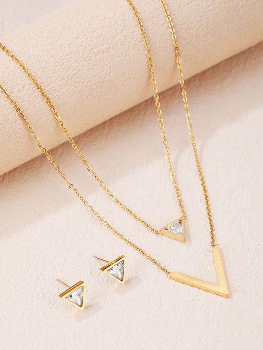 3 Piece Set Fashion Chic Ladies Triangle Zircon V-shaped Stainless Steel Double Necklace Classic Earrings Lovers Date Party Chri