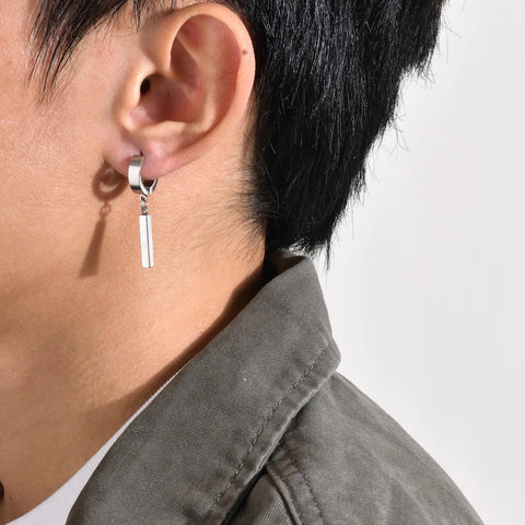 Men's Cool Punk Statement Geometric Bar Hoop Huggie Earrings Gifts Jewelry, Waterproof Stainless Steel Piercing Ear Accessory