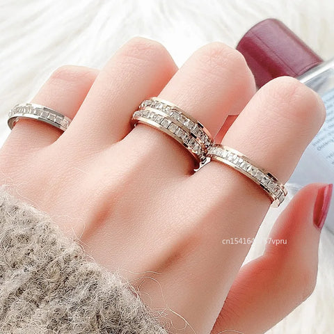 Luxury Rose Gold Color Double Row Square Zircon Stainless Steel Ring for Women Romantic Engageme Wedding Party Jewelry Female