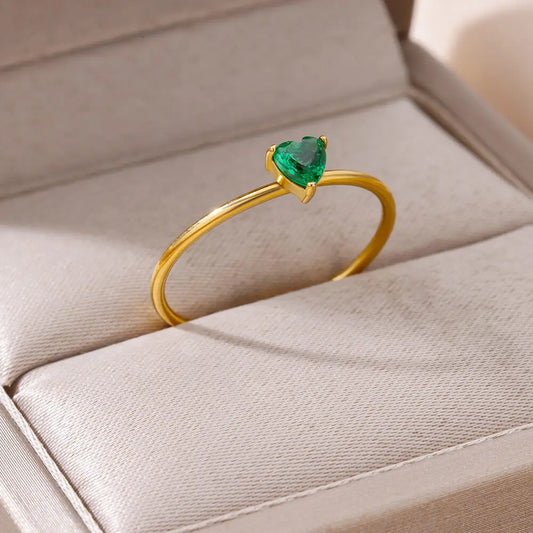 Green Zircon Heart Rings for Women Gold Plated Adjustable Stainelss Steel Ring Wedding Luxury Aesthetic Jewelry Gifts for Her