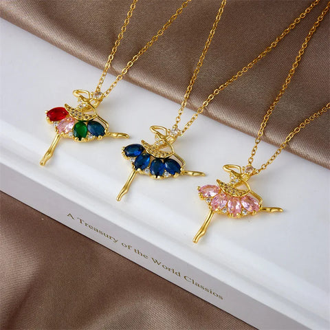 Colorful Zircon Ballerina Girl Pendant Necklaces for Women Girls Stainless Steel Trendy Romantic Jewelry Accessories Gifts