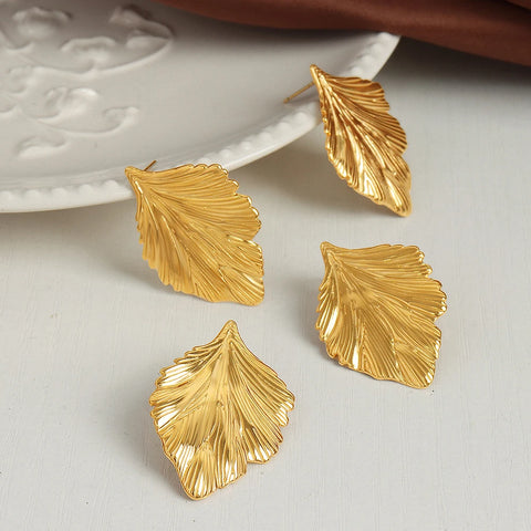 Long Leaves Statement Stud Earrings Waterproof Stainless Steel Plant Gold Color Metal Big Fashion Jewelry for Women