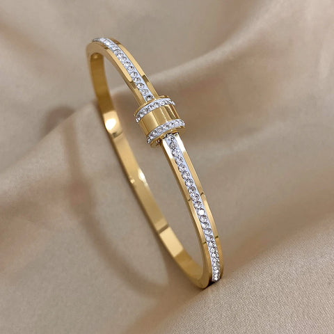 Luxury Stainless Steel Gold Color Zirconia Cylinder Bracelets Bangles for Women Fashion Girls Waterproof Jewelry Gifts