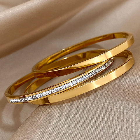 3pcs Simple Gold Plated Texture Inlaid Crystal Cuff Bracelets for Women Unique Stainless Steel Chic Stackable Jewelry Bracelets