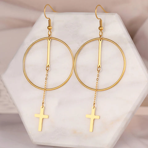 Stainless Steel Earrings Exaggerated Geometric Big Circle Stick Gothic Cross Tassel Pendants Earrings For Women Jewelry Gifts