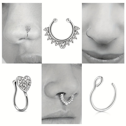 3-6PCS Rhinestone Horseshoe U Shaped Faux Nose Clip,Stainless Steel Fake Hoop Nose Ring,  Non Piercing Nose Jewelry