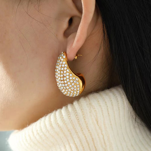 Trendy Stainless Steel Water Shiny Stone Paved Water Drop Hollow Earrings Texture Waterproof Statement Teardrop Stud Jewelry