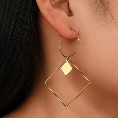 Stainless Steel Earrings Vintage Geometric Large Square Fashion Pendant Earrings For Women Jewelry Temperament Girl Gift