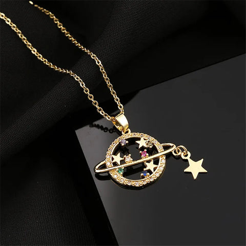 Fashion Sun Moon Star Zircon Pendant Necklace Stainless Steel Light Luxury Choker Jewelry Party Gifts For Women Girls