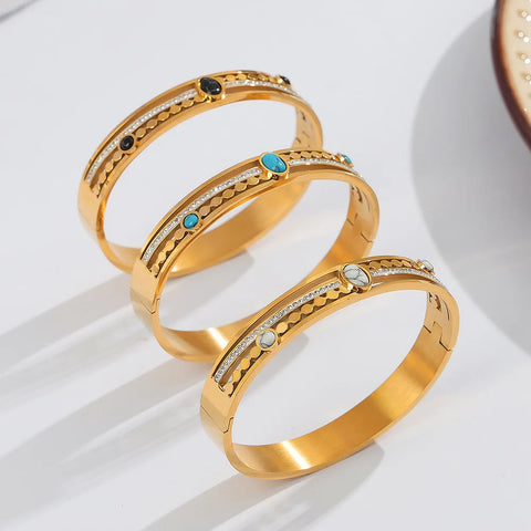 Inlaid Turquoise Stainless Steel Bracelet For Women Gold-Plated  Hollow Women's Hand Bracelets Simple Elegant Geometric Bangle