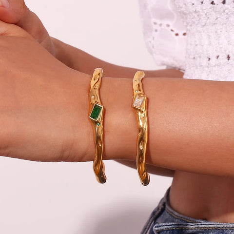 Irregular Opening Rectangular Zircon Bracelet 18K Gold Plated Green Color 316L Stainless Steel Women's Hand Bracelets